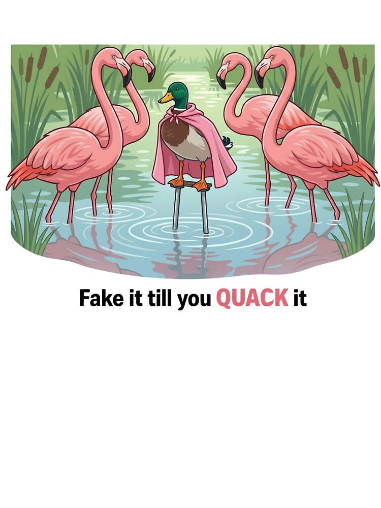 Fake It Till You Quack It – Funny Duck Pun Motivational Flamingo Meme Design by aiqdelicia