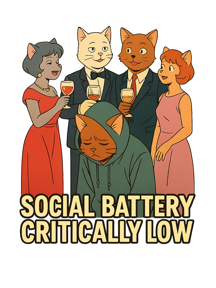 Social Battery Critically Low Funny Cat Party Design | Introvert Cat Meme Aesthetic | Anti Social Hooded Cat Illustration by Donsean22
