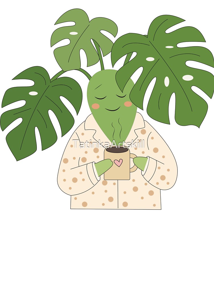 Cute Monstera in Pajamas Drinking Coffee by TatinkaArtskill