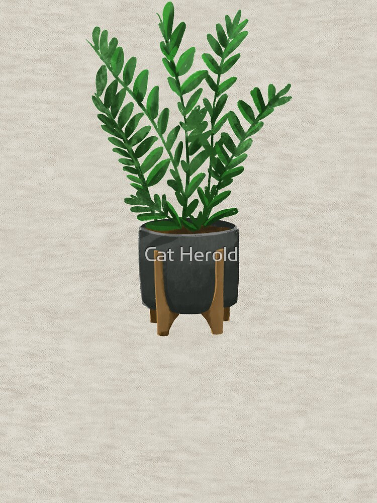 Modern ZZ Plant in Black and Teak Planter Painting by Cat Herold