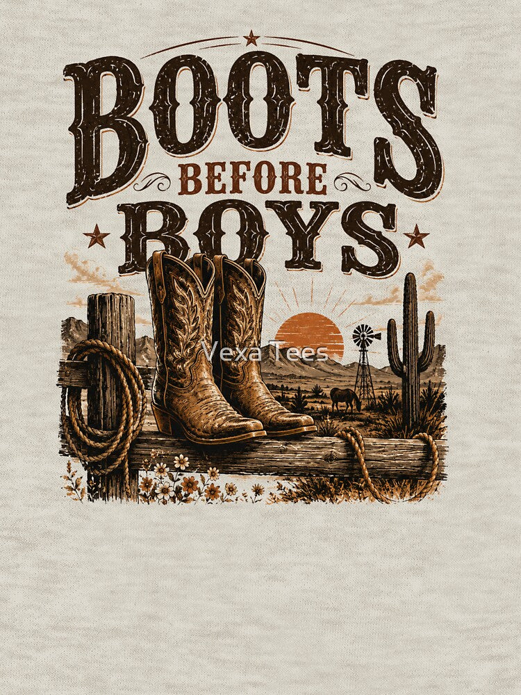 Boots Before Boys T-Shirt, Funny Cowgirl Shirt, Western Cowboy Boots Tee, Country Girl Graphic Tee, Rodeo Shirt, Western Gift by Vexa Tees
