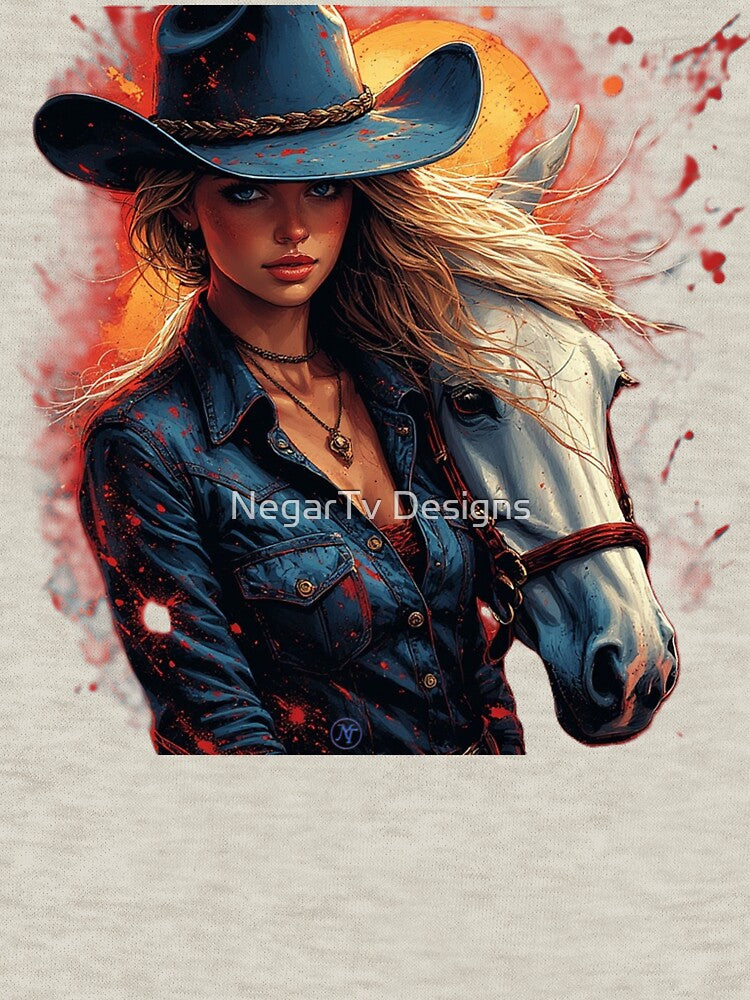 Western Cowgirl with White Horse – Rustic Wild West Female Cowboy Art by NegarTv Designs by NegarTv Designs