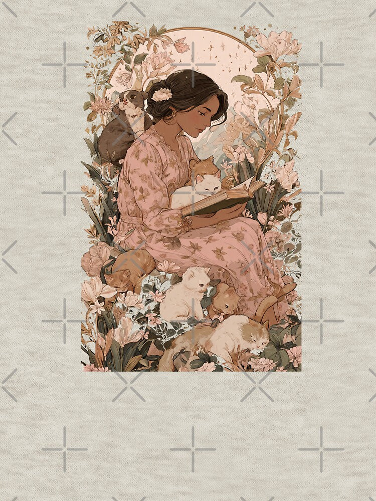 A beautiful mom is reading a book in a flower garden by lakanarivas