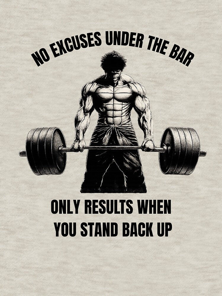 Gym motivation - "No excuses under the bar only results when you stand back up" by MuscleMind
