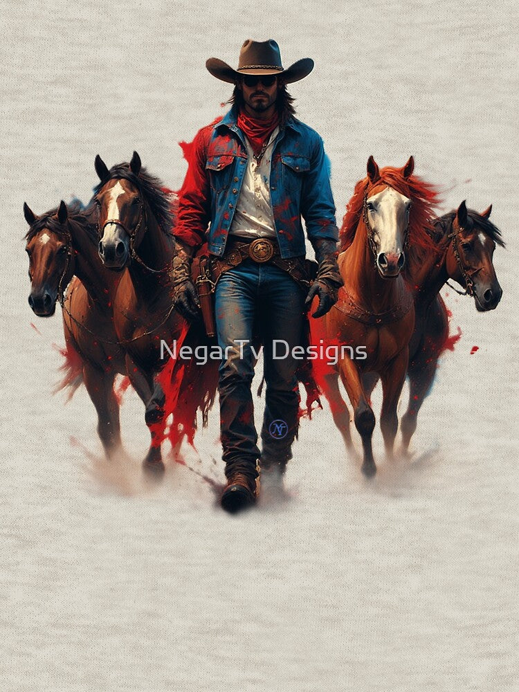 Western Cowboy Art – Lone Cowboy with Four Horses  Wild West Rustic Illustration by NegarTv Designs by NegarTv Designs
