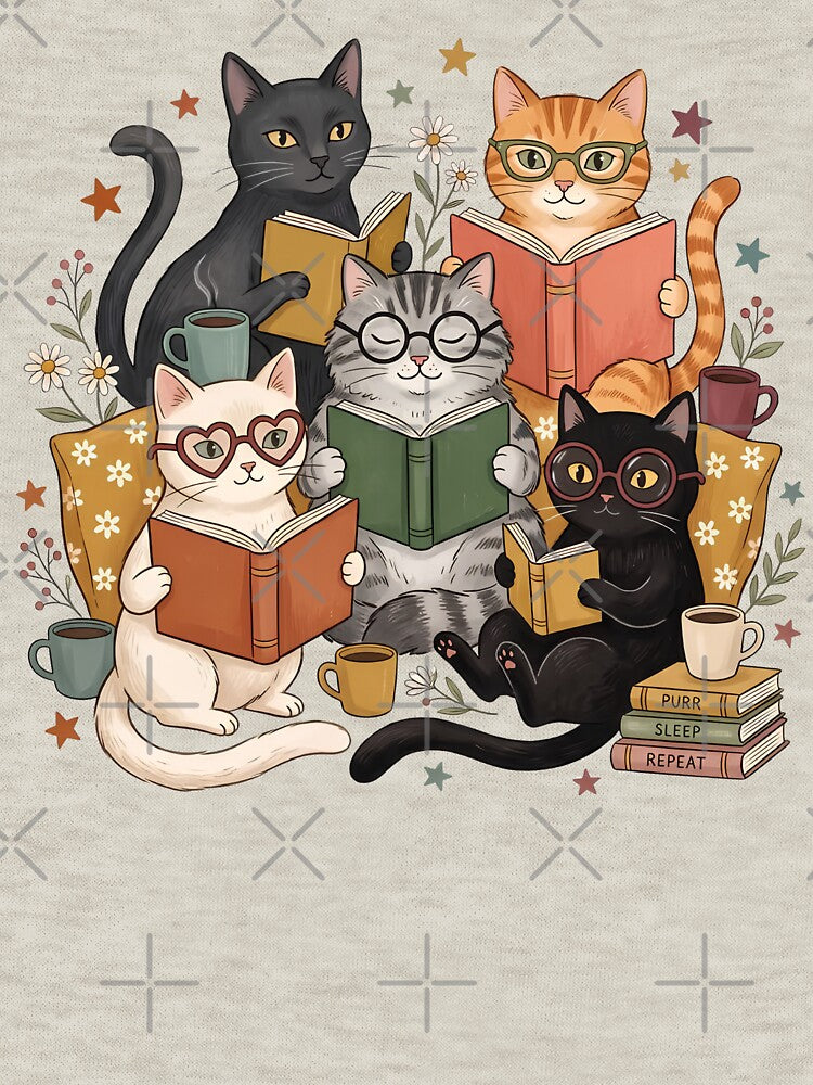 Cute Book Lover Cats T-Shirt – Cozy Reading Cats with Books & Coffee by Abdelthreads