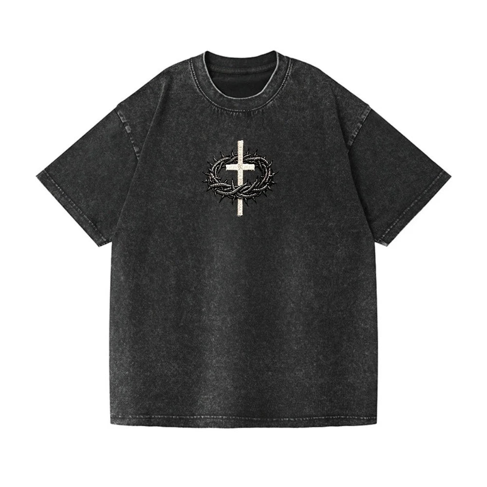 Vintage Washed Christian Cross Thorns Oversized Religious Casual Tee Unisex
