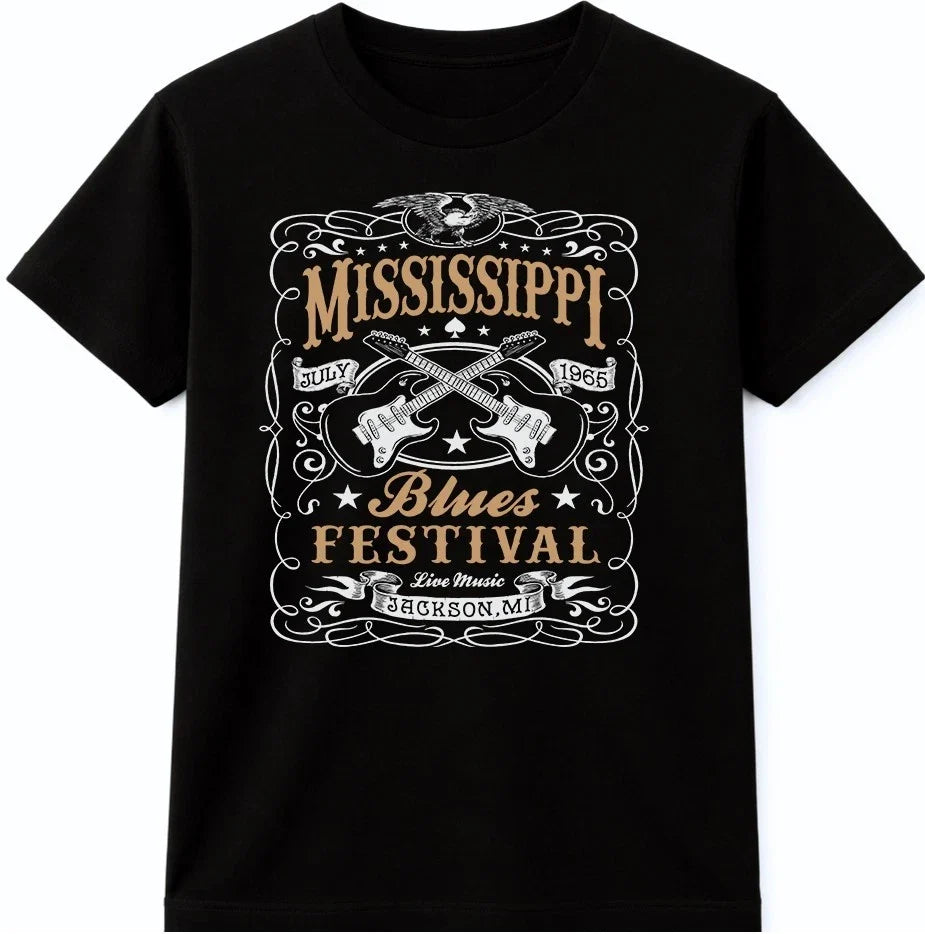 Mississippi Blues Festival T Shirt Vintage Guitar Music Retro Rock Concert Tee Unisex