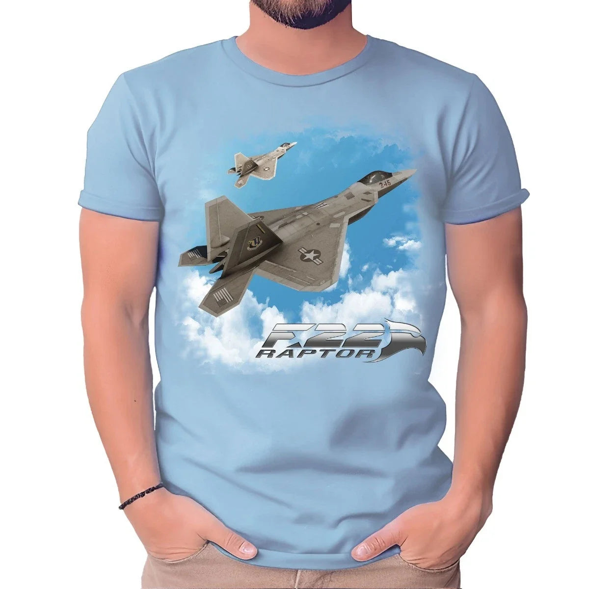 F-22 Raptor In The Clouds Light Blue Adult Shirt Unisex
