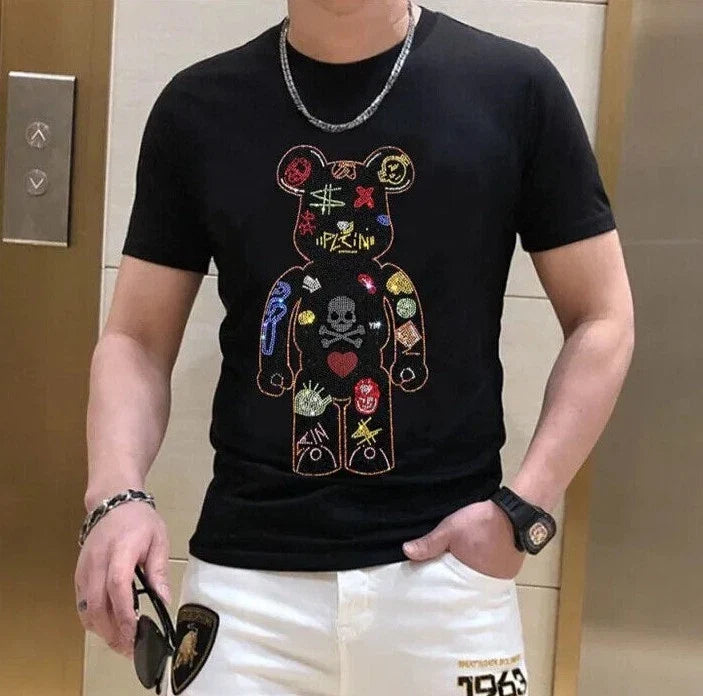 New Fashion Rhinestones Bear Short Sleeve Luxury Men Black White Unisex