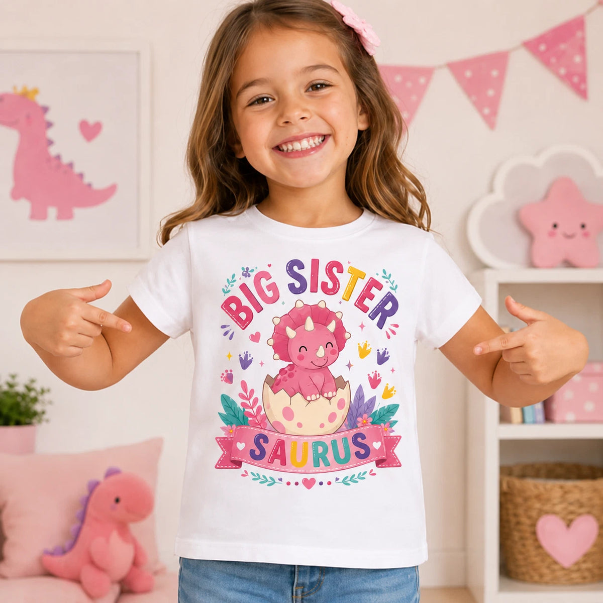 Big Sister Saurus Girls T Shirt, Dinosaur Announcement Tee