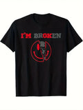 Men's "I'm Broken" Skull Graphic - Black Cotton Crew Neck Tee with Red & Unisex