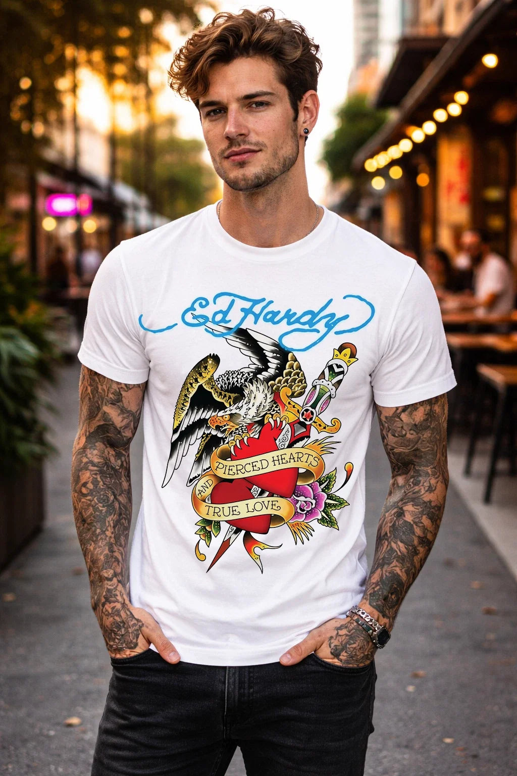 Men's White Ed Hardy Eagle Dagger Graphic Retro Tattoo Style Concert Tee Unisex