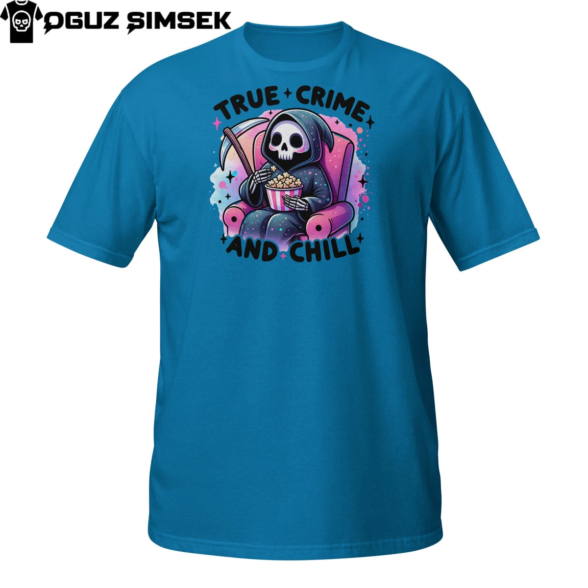 True Crime And Chill Grim Reaper T-Shirt | Funny DTG Printed Popcorn Tee