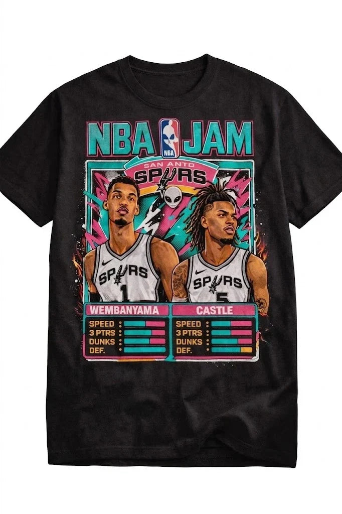 NBA Jam Spurs Wembanyama Castle Retro Game Style Basketball T shirt Unisex