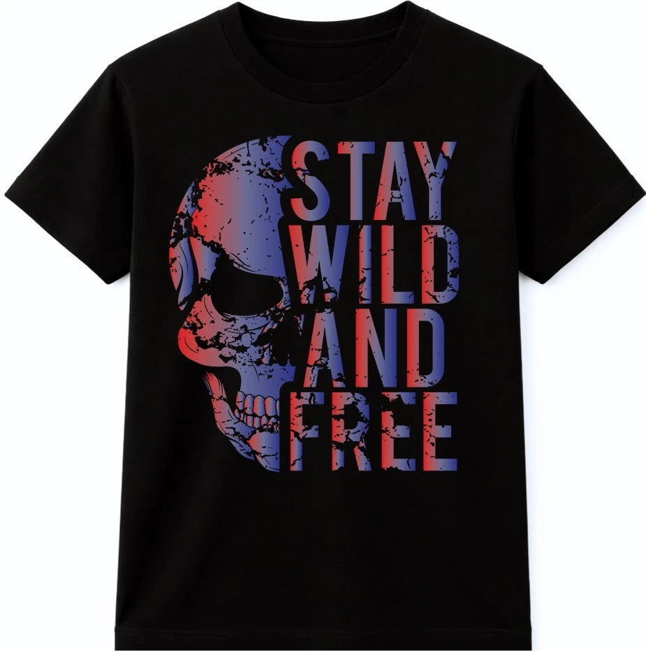 Stay Wild And Free Skull Distressed Slogan Quote Edgy Biker Vintage Graphic Tee.