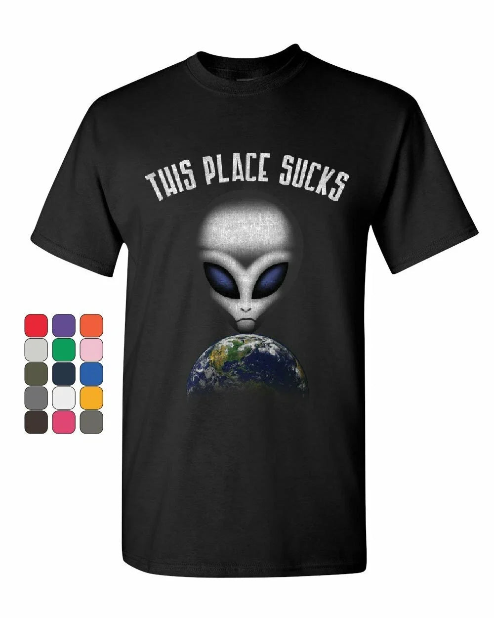 This Place Sucks Funny UFO Alien Space Universe Earth Mens Tee Shirt Unisex