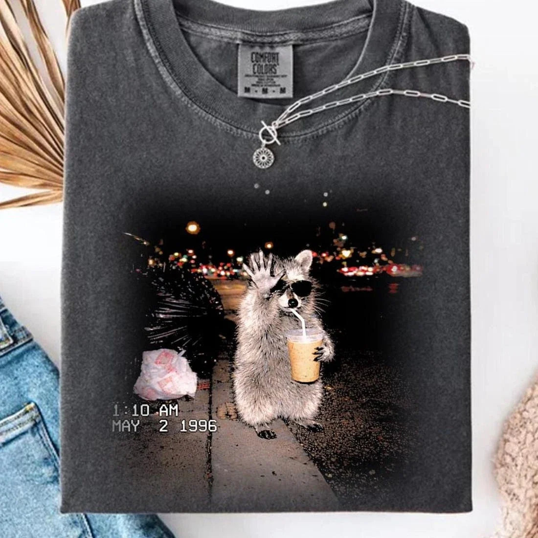 Raccoon Drinking Iced Coffee Shirt, Funny Animal Meme Tee, Coffee Lover Unisex