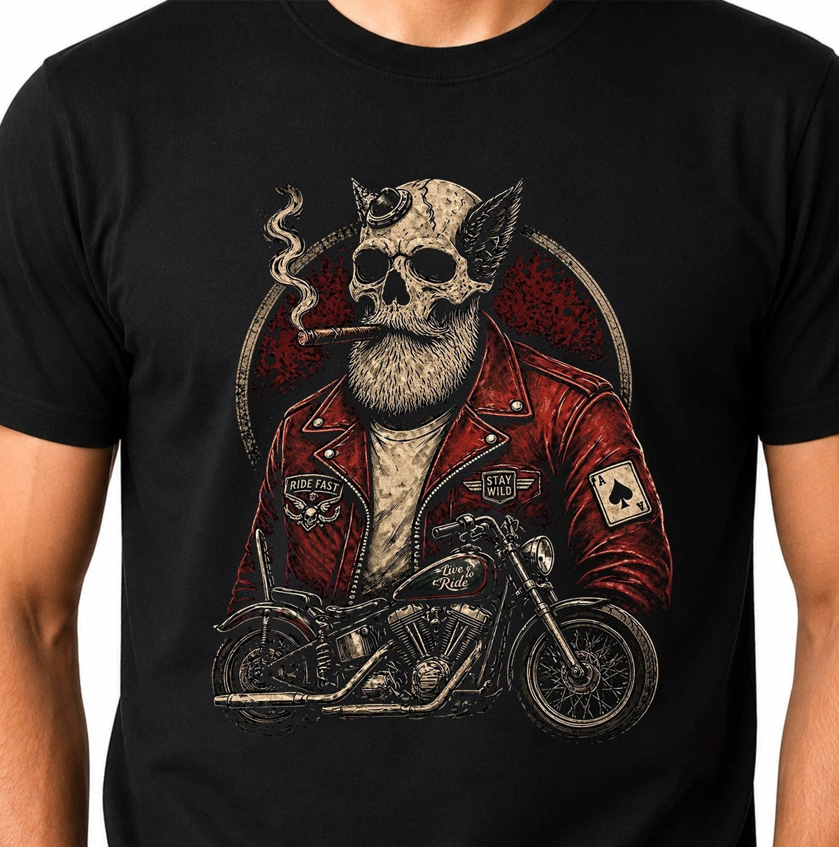 Skull Biker T-Shirt Ride Fast Stay Wild Beard Motorcycle Chopper Vintage Tee.