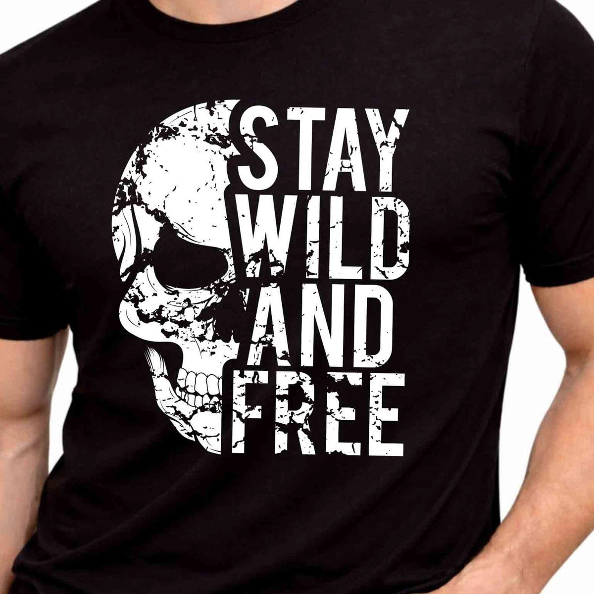 Stay Wild And Free Distressed Half Skull Biker Outlaw Rocker Wear Graphic Tee.
