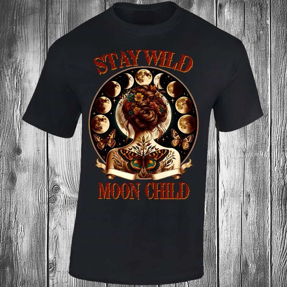 Stay Wild Moon Child, Black T-shirt Magical Beauty Pagan Nature Butterfly Wiccan