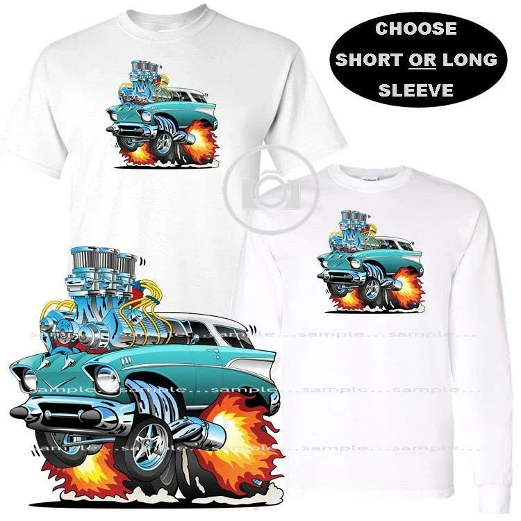 Chevrolet Chevy 1957 Flaming Hot Rod Caricature Cartoon Car Art T Shirt S-3X Unisex