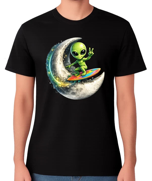 Alien Surfing Moon Funny Space UFO Cosmic Graphic Unisex Tee Unisex