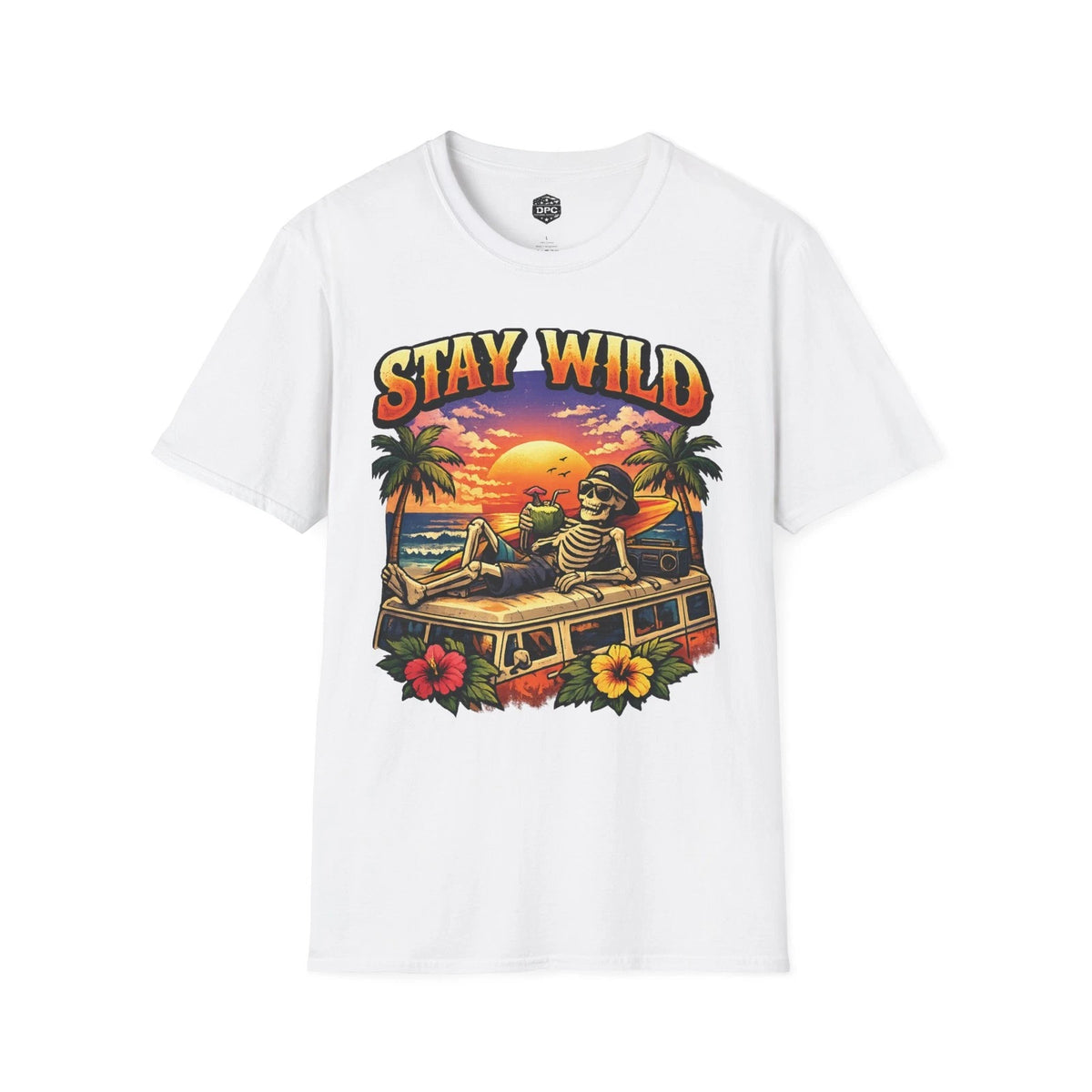 Stay Wild T-Shirt — Retro Skeleton Surf Sunset Tee