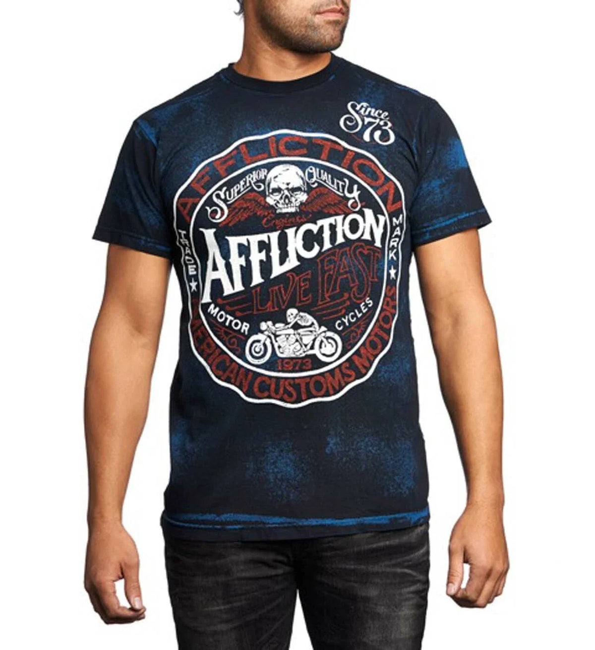 Affliction Men American Customs Shirt Motorcycle Skull Wings Cobalt Blue/Black Unisex