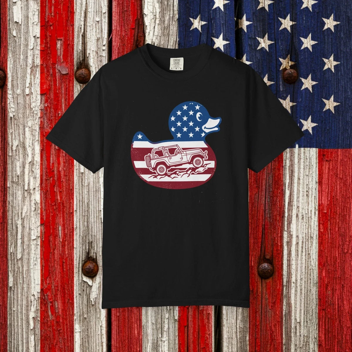 USA Flag Rubber Duck with Wrangler TJ Topless Off-Road Graphic Unisex