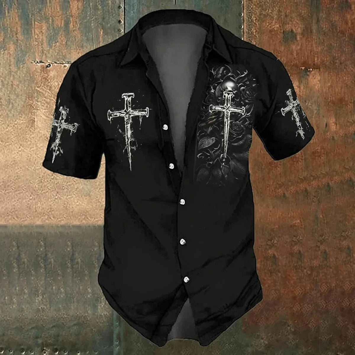 Men Black Cross Print Casual Shirt Short Sleeve Gothic Style Summer Top Unisex