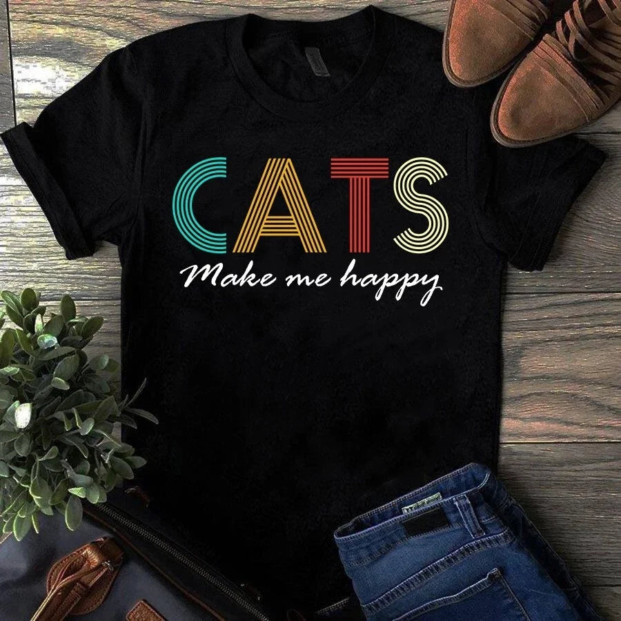 Cats Make Me Happy Vintage Gift Tshirt Unisex