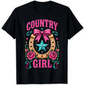 Country Girl Western Cowgirl Horseshoe Roses Bow Pink Novelty Gift T Shirt
