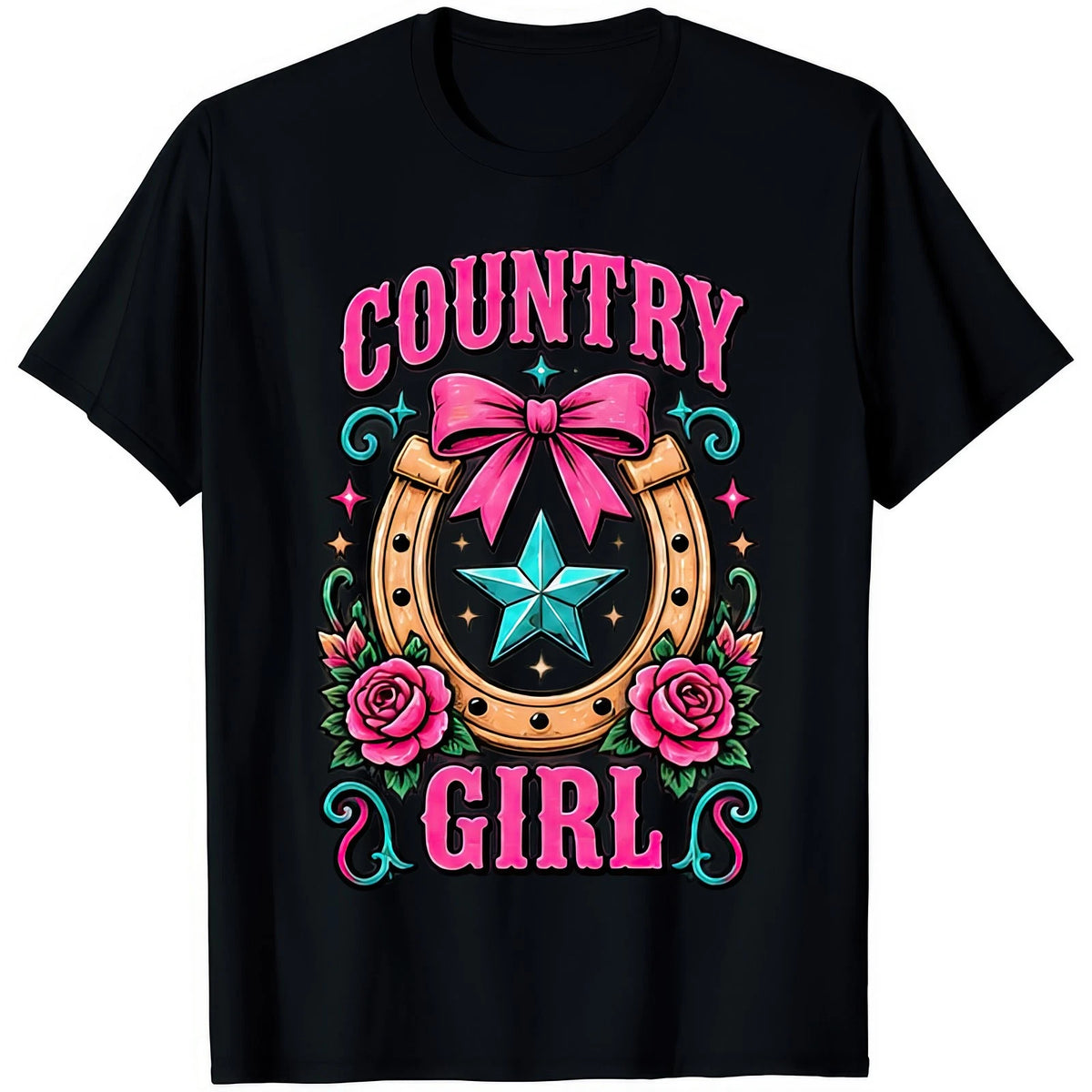 Country Girl Western Cowgirl Horseshoe Roses Bow Pink Novelty Gift T Shirt
