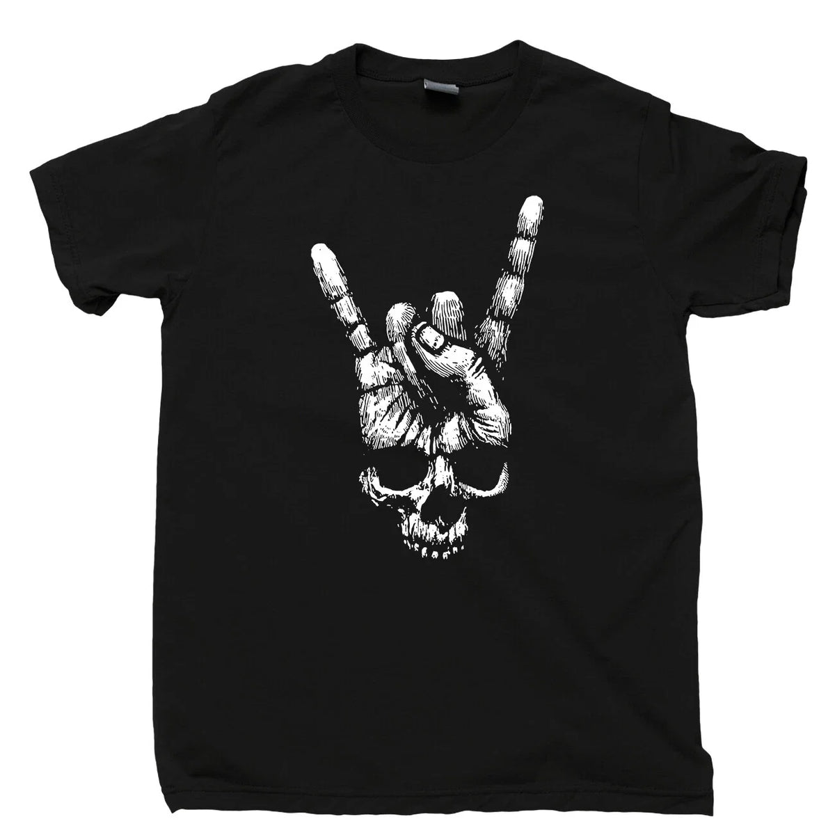 Skull Hand Sign Of The Horns T Shirt Heavy Metal Rock N Roll Band Tattoo Tee Unisex