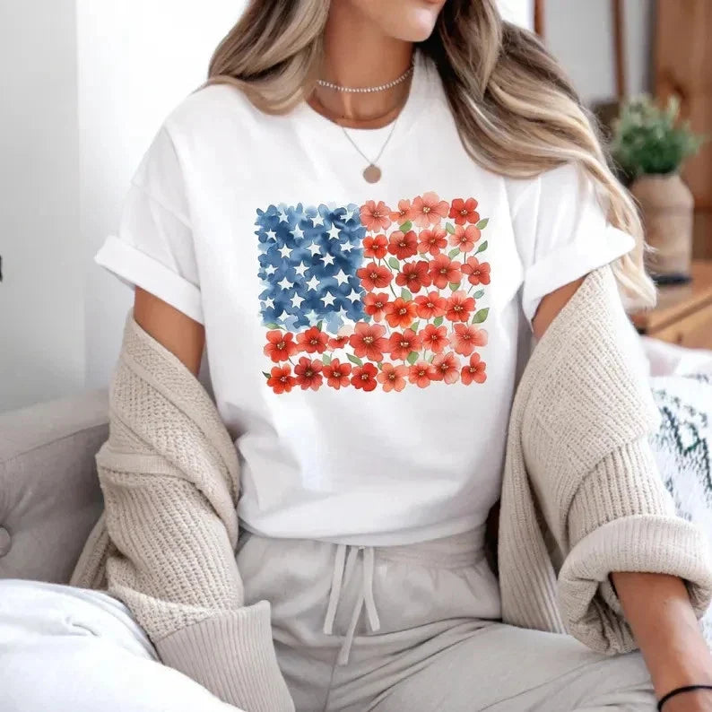 Floral American Flag Shirt, Patriotic Flower , 4th of July Floral Tee Unisex