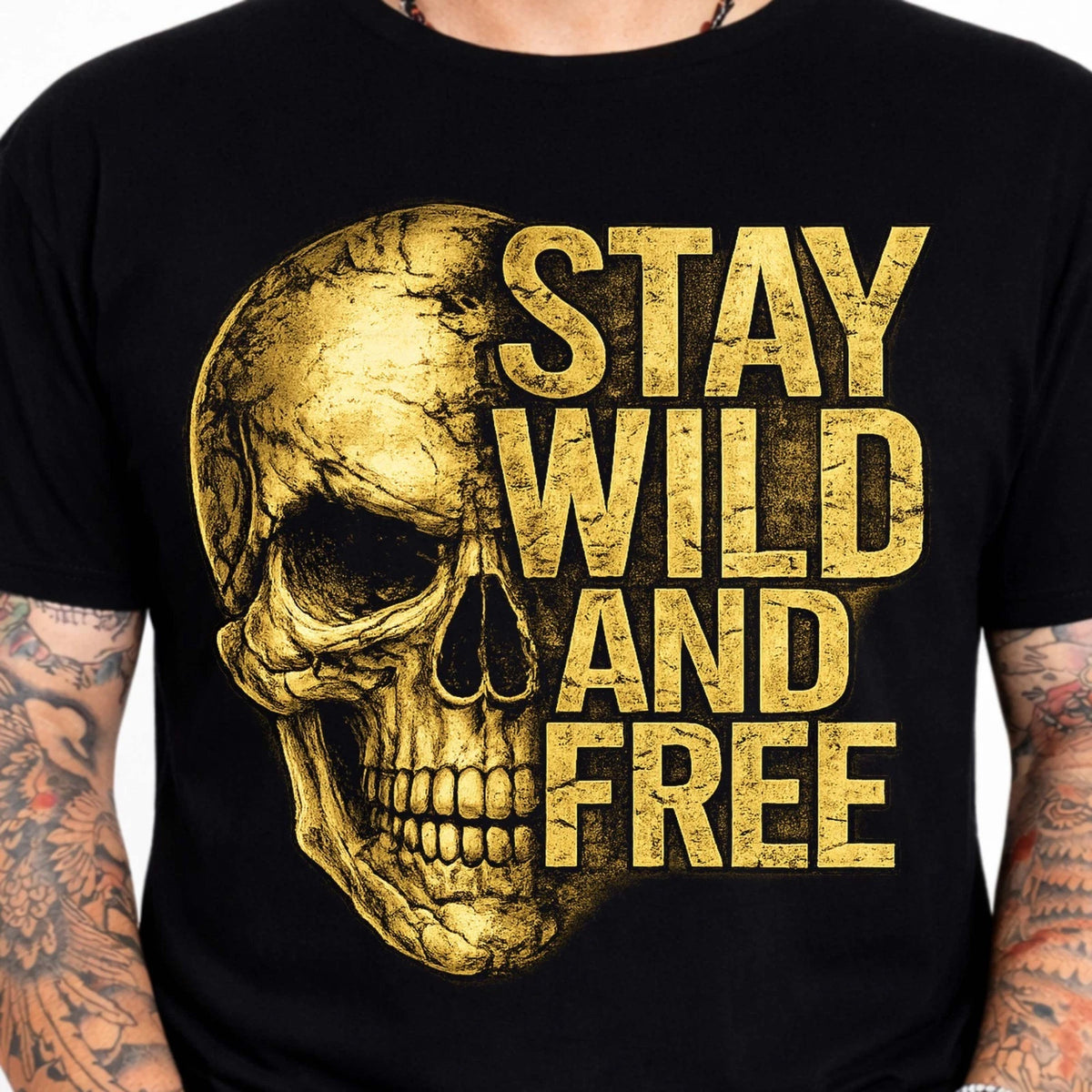 Stay Wild And Free Detailed Skull Distressed Typography Biker Graphic T-Shirt.