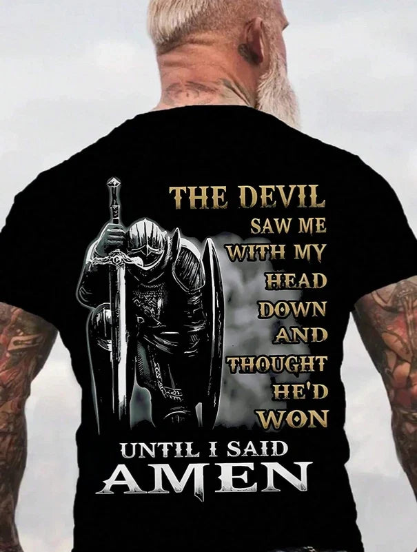 Men's Christian The Devil Saw Me Knight Amen Graphic Tee Black Cotton Unisex