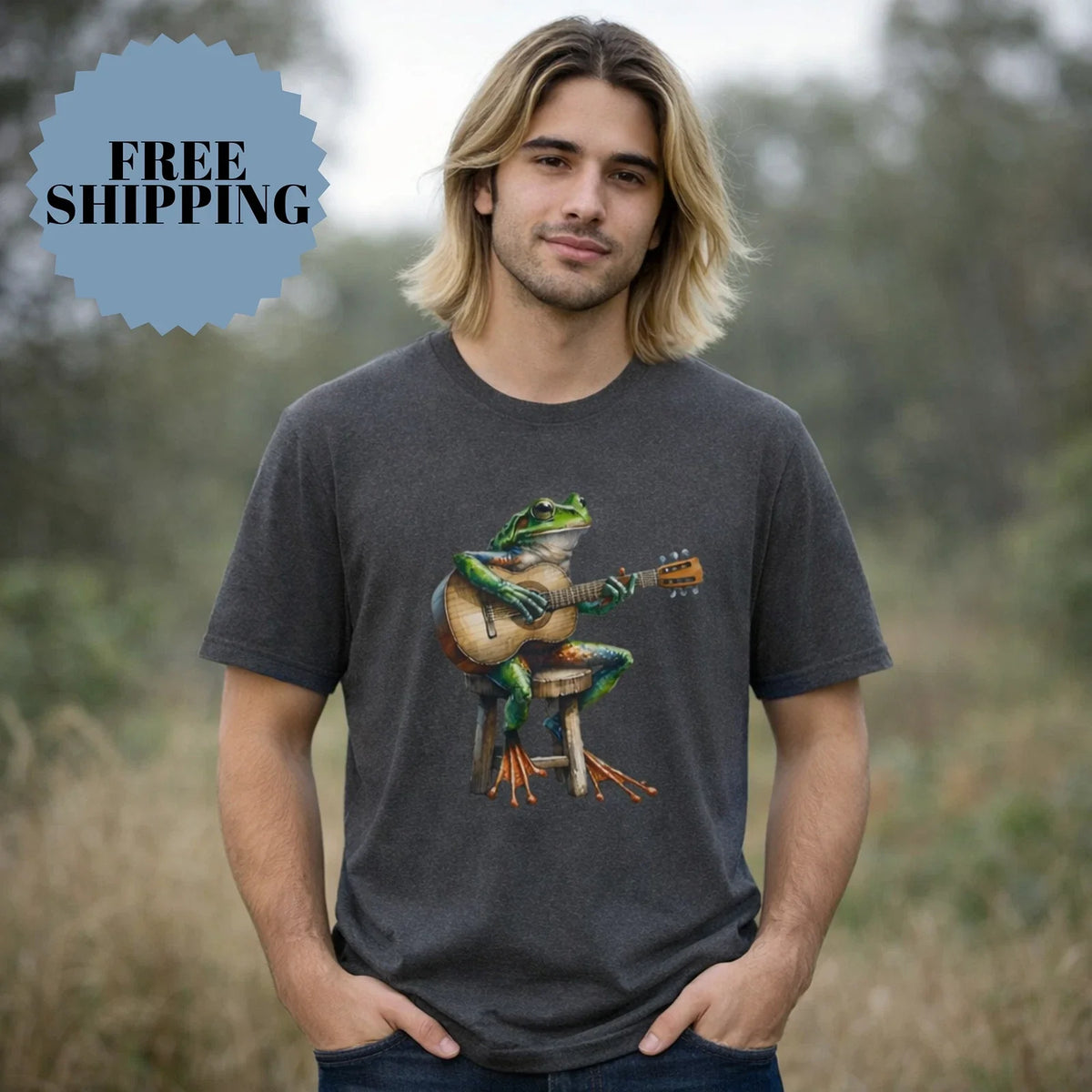 Music Lover Funny Frog Playing Acoustic Guitar Retro Graphic 70's Vibe Unisex