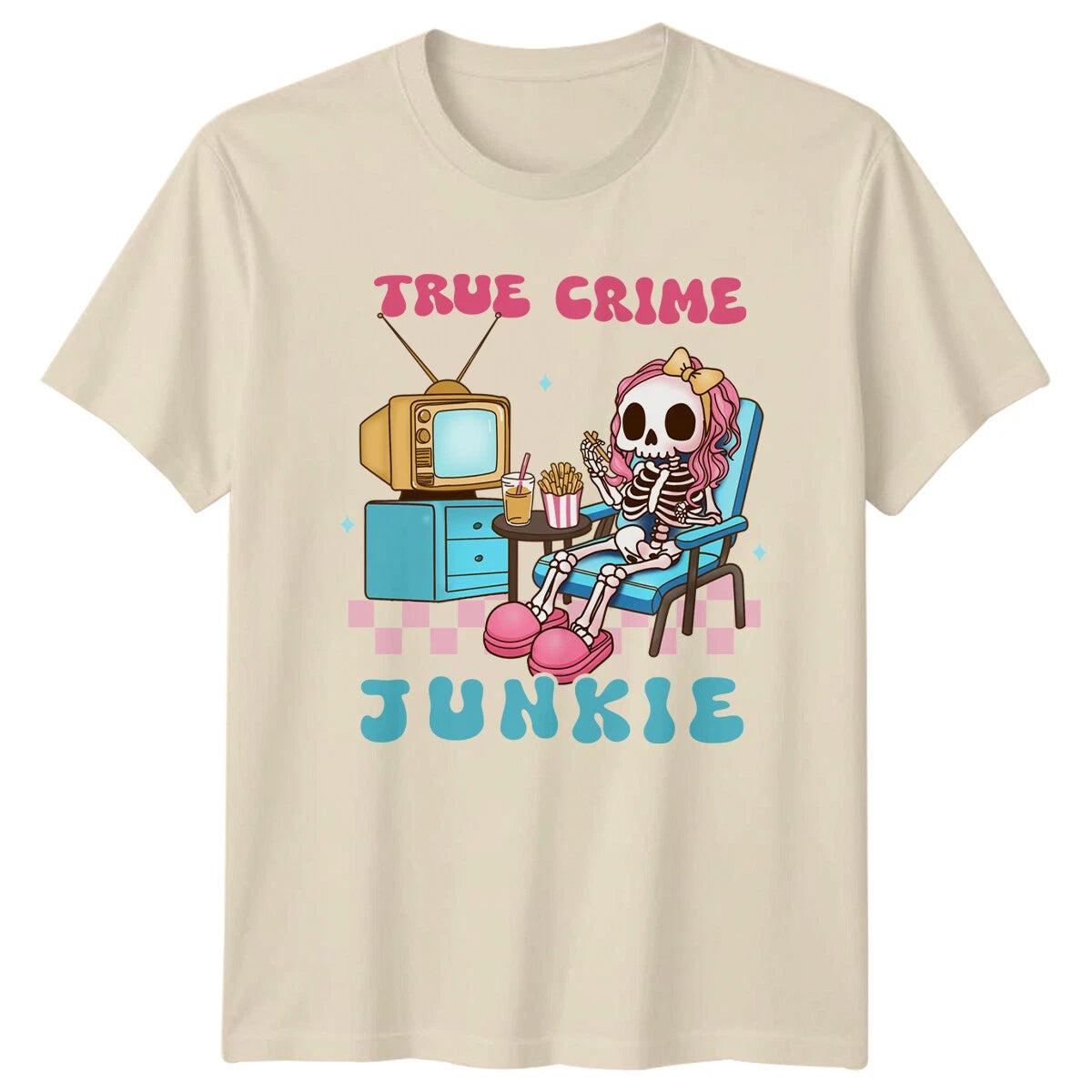 True Crime Junkie Skeleton Retro Tv Funny Graphic T-Shirt