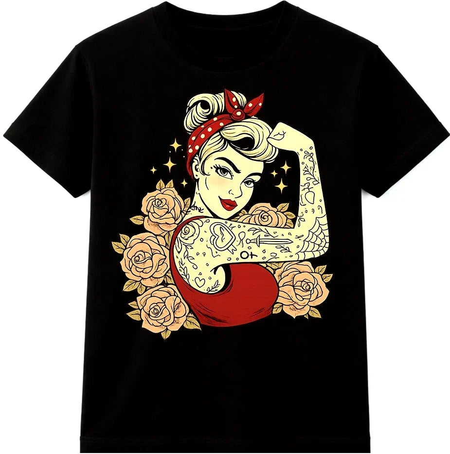 Pin Up Girl T Shirt Retro Rockabilly Tattoo Graphic Tee Vintage Casual Top Unisex