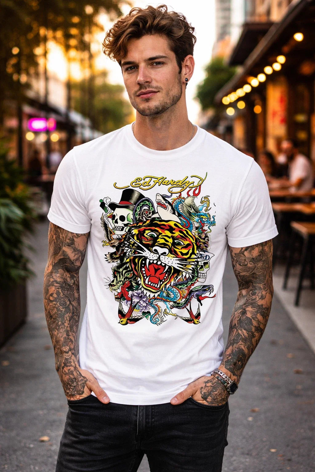 Men's White Ed Hardy Tiger Skull Graphic Tattoo Art Vintage Style Tee Unisex