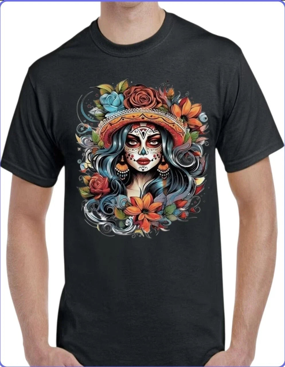 Sugar Skull Catrina Black Men's Small To 3X-Large Style 10 Unisex