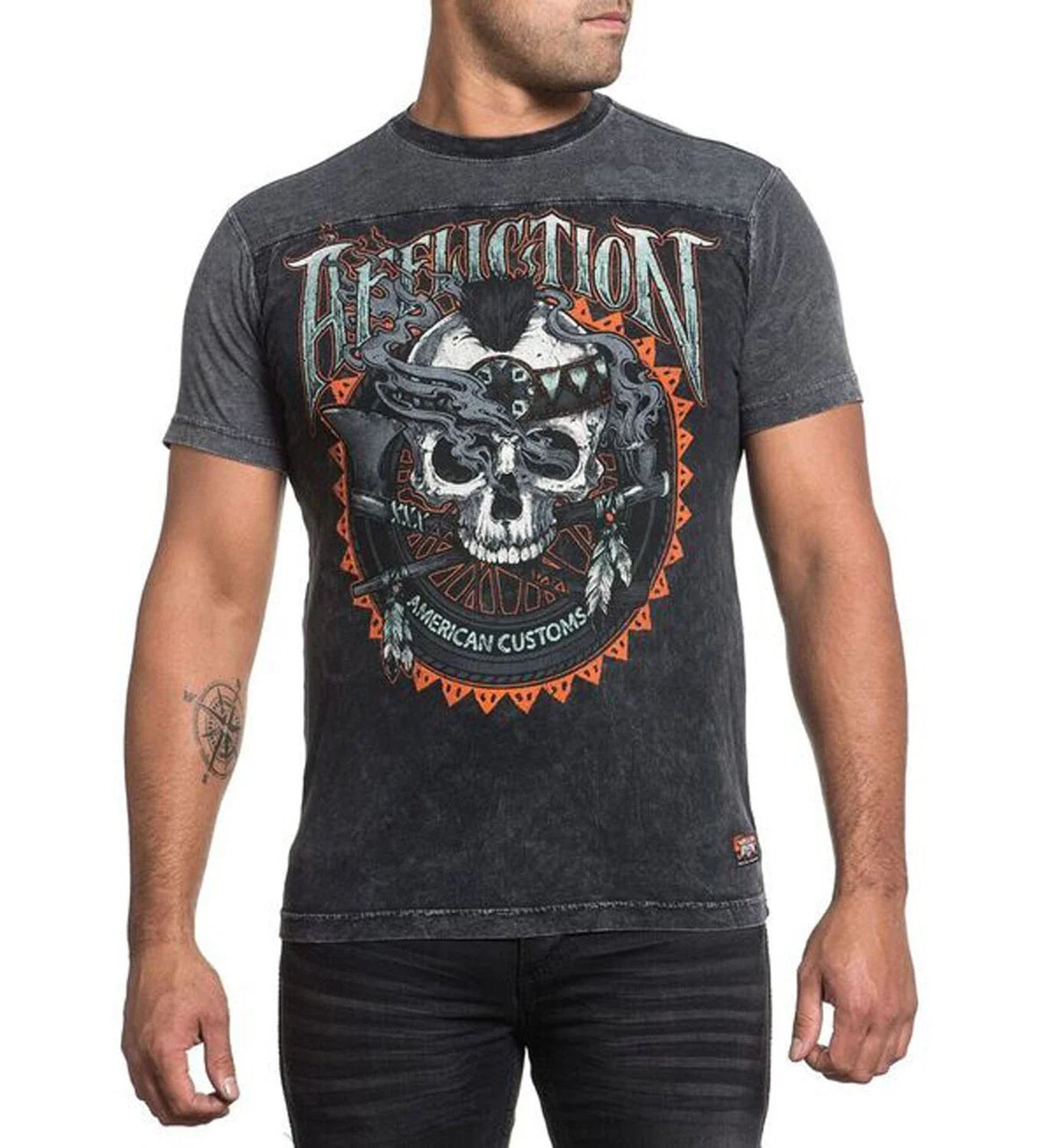 Affliction Men Shirt S/S Crew Neck Cherokee Skull American Customs Black Wash Unisex