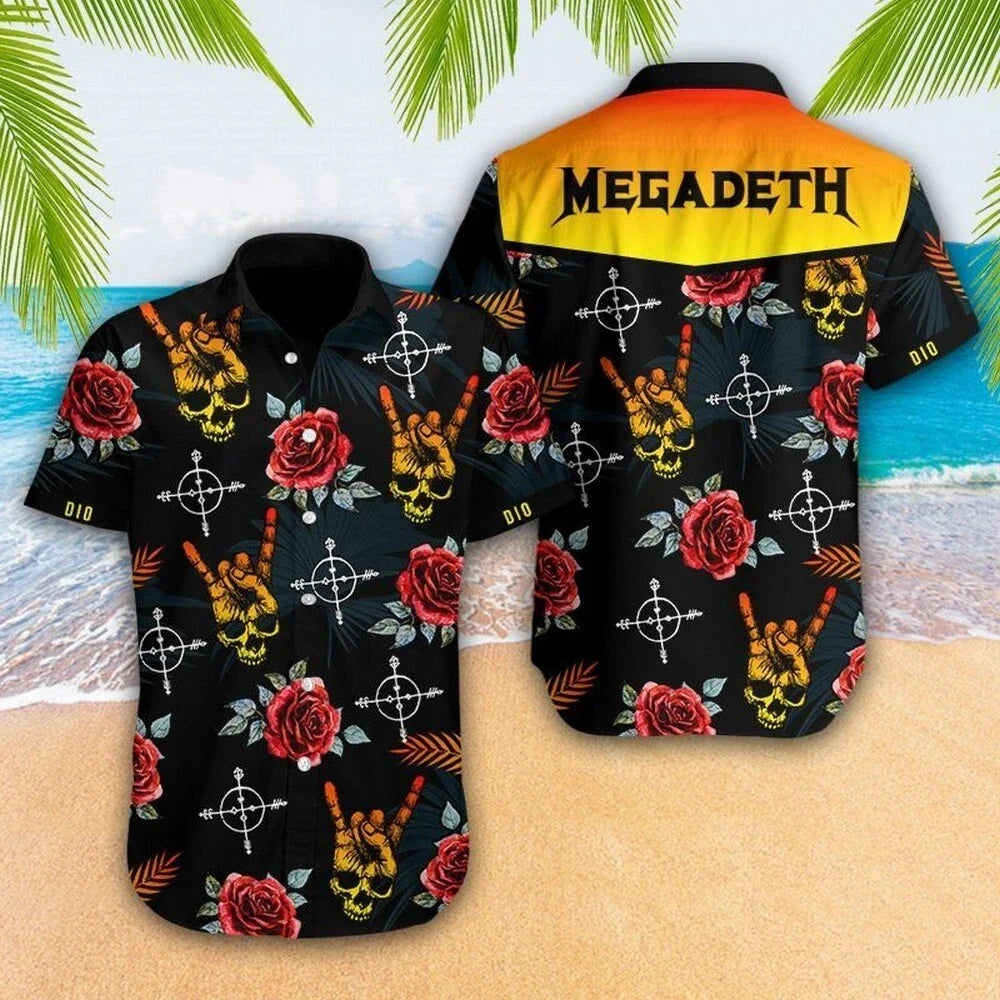 Rock Band Megadeth Skull Flowers Hawaiian Shirt Aloha Summer Beach Party Holiday Unisex