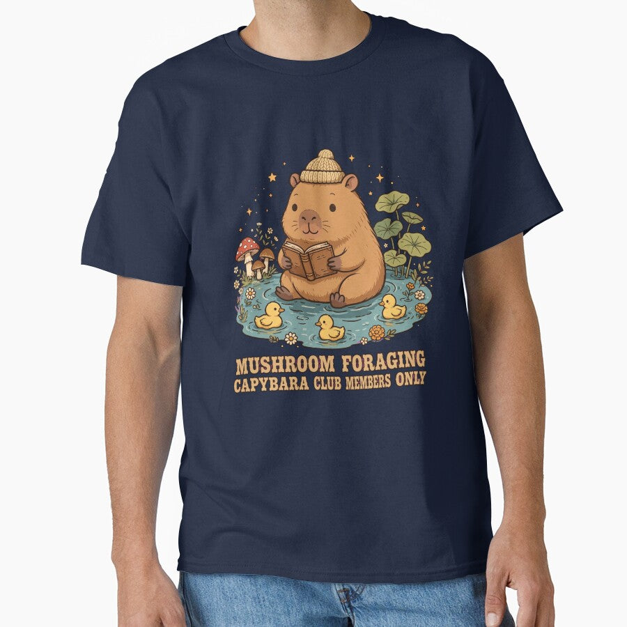 Mushroom Foraging Capybara Club Members Only - Cute Capybara Reading Book in Pond with Ducks by PrettyCrypt