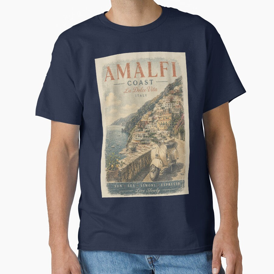 Amalfi Coast Vintage Travel Poster T-Shirt | La Dolce Vita Italy Vespa Retro Summer Tee by ValentinaHramov