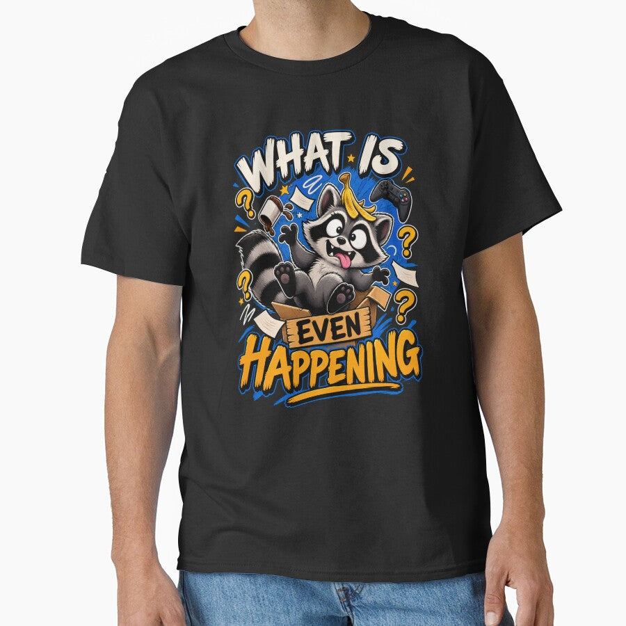 What is Even Happening Raccoon Gamer T-Shirt – Funny Gaming Graphic Tee by Artimax-Studio