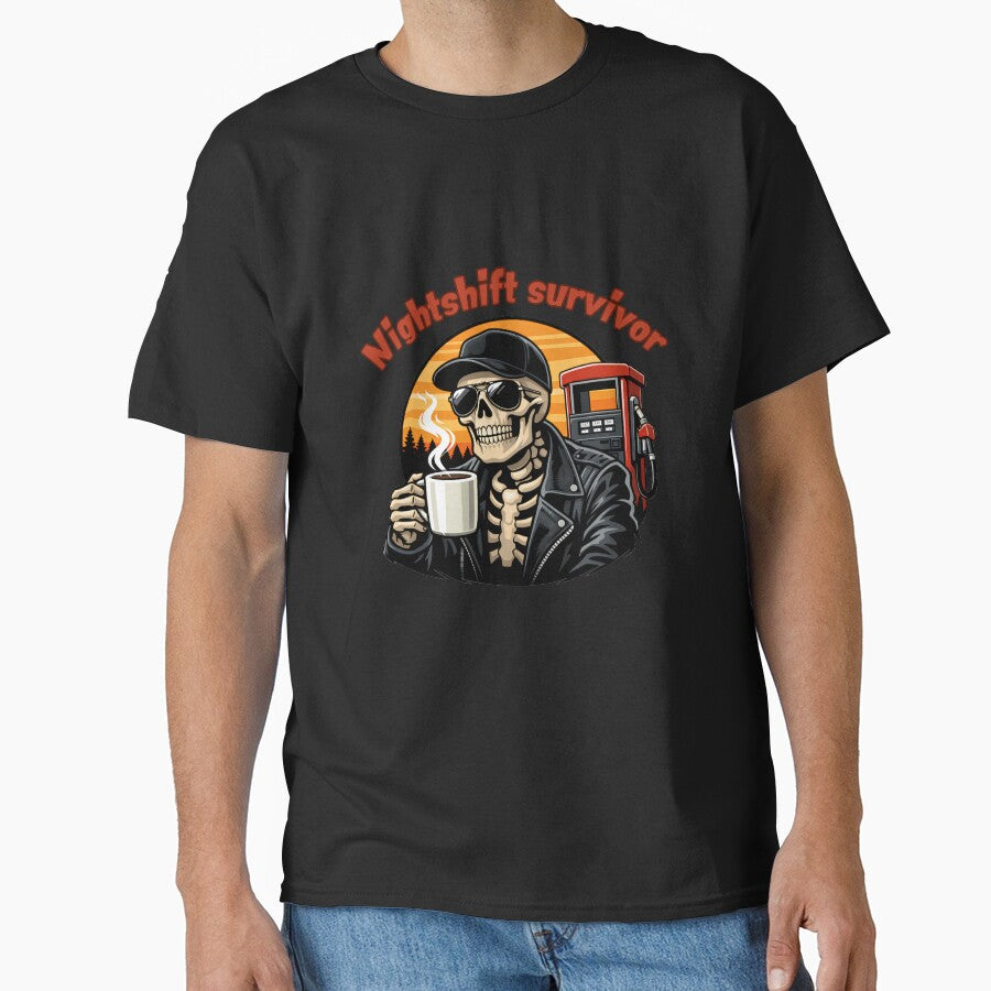 Nightshift Survivor Halloween Skeleton Trucker Coffee Gas Station Funny Driver Shirt by Lulustarfox
