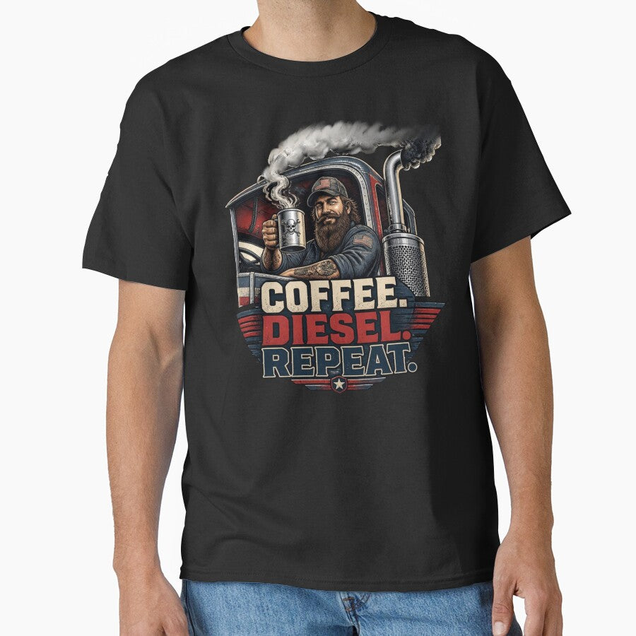 Funny Trucker Gift Coffee Diesel Repeat Semi Truck Driver Trucking Design by thoughtswear